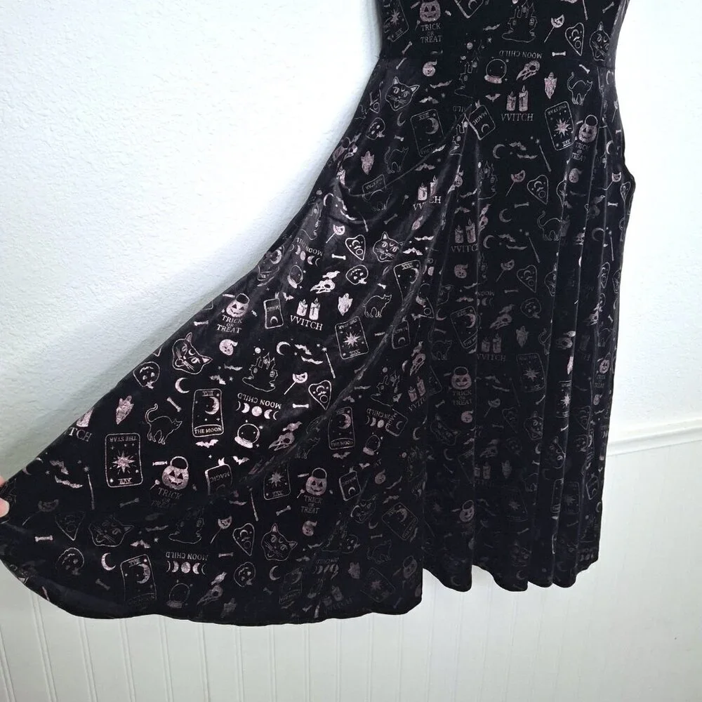 Collectif London Halloween Skater Dress Midi Sz S Velvet Novelty Print Pockets - Picture 6 of 16